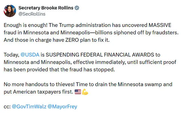 USDA Suspends $129.1M in Federal Awards to Minnesota, Minneapolis Over 'Massive Fraud' as Secretary Brooke Rollins Declares 'Enough is Enough!'