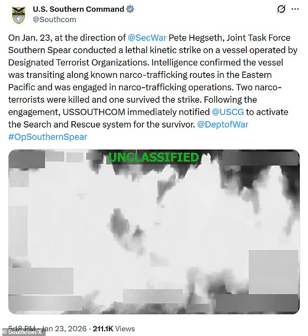 U.S. Military Conducts First Deadly Strike on Alleged Narcoterrorists Since Maduro Raid, Killing Two and Rescuing One Survivor