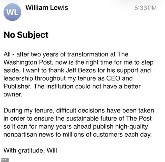 Will Lewis Resigns Following Job Cuts as The Washington Post Navigates Uncertain Future Under Bezos