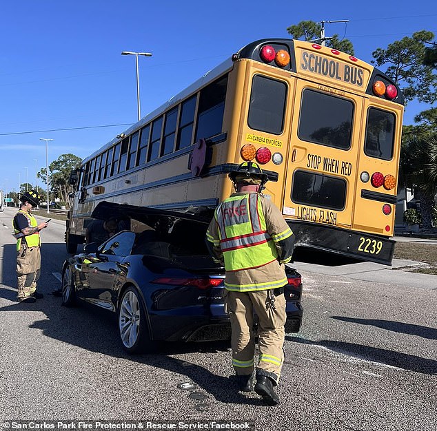 Viral Video Shows Speeding Jaguar Crashing into School Bus in Fort Myers, Miraculously No Fatalities