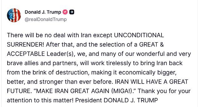 Trump Demands Unconditional Surrender from Iran Amid Mediation Signals