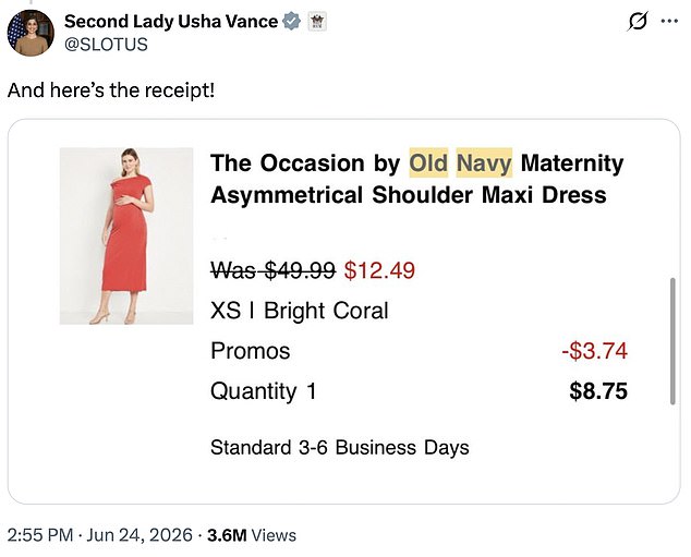 Second Lady Usha Vance Rebuts NYT With Receipt For Her $8.75 Dress