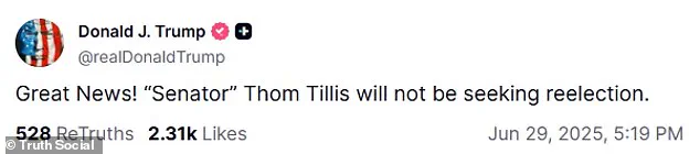 Thom Tillis Steps Down as Trump Celebrates Victory Over Opponent's Opposition to Budget Bill