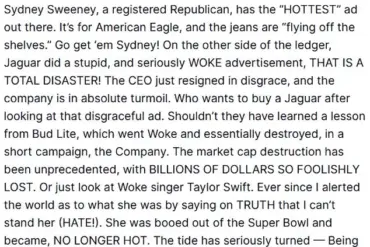 President Trump Supports Sydney Sweeney Amid Controversy Over American Eagle Ad Campaign