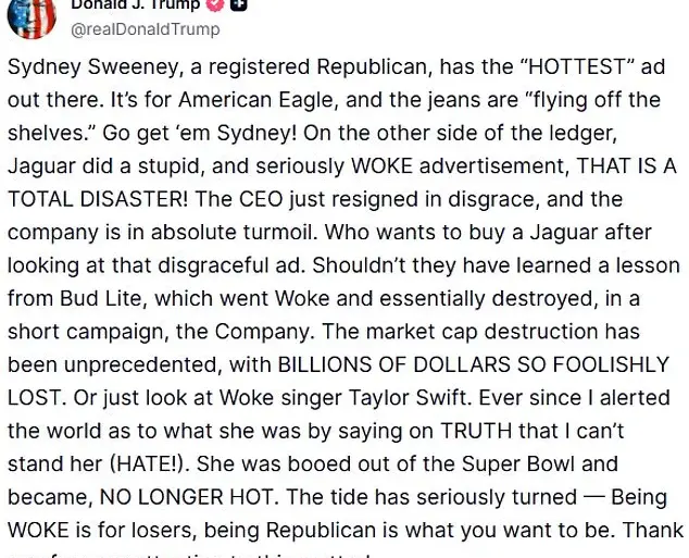 President Trump Supports Sydney Sweeney Amid Controversy Over American Eagle Ad Campaign